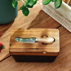 HOMLA Maselniczka Mooka Porcelanowa Z Nozykiem I Akacjowa Pokrywka Czarna 11X16 Cm