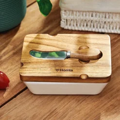 HOMLA Maselniczka Mooka Porcelanowa Z Nozykiem I Akacjowa Pokrywka Biala 11X16 Cm