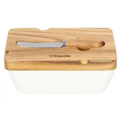 HOMLA Maselniczka Mooka Porcelanowa Z Nozykiem I Akacjowa Pokrywka Biala 11X16 Cm