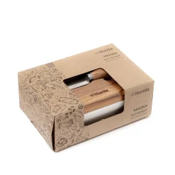 HOMLA Maselniczka Mooka Porcelanowa Z Nozykiem I Akacjowa Pokrywka Biala 11X16 Cm