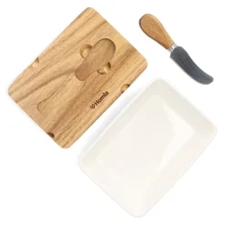 HOMLA Maselniczka Mooka Porcelanowa Z Nozykiem I Akacjowa Pokrywka Biala 11X16 Cm