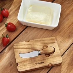 HOMLA Maselniczka Mooka Porcelanowa Z Nozykiem I Akacjowa Pokrywka Biala 11X16 Cm