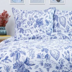HOMLA Pościel Miriel Bawelniana W Kwiaty Z Niebieska Lamowka 200X220 + 2*50X60 Cm