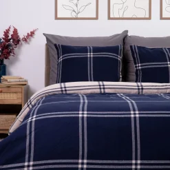 HOMLA Pościel Vella Flanelowa Niebiesko-Bezowa W Krate 200X220 Cm + 2 X 50X60 Cm